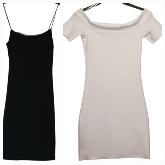 2 Zara Bodycon Dresses Size S Black Spaghetti Strap/White Off-the-Shoulder - Picture 1 of 16